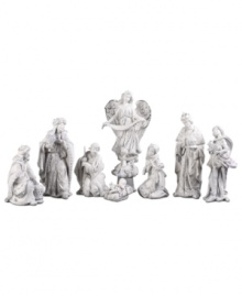 Statuesque in an antique white finish, this nativity set captures the timeless beauty & wonder of the Christmas miracle. The pensive faces gathered around the baby Jesus add a peaceful allure to this detailed scene.