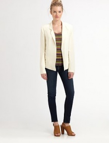 Fine crepe lightens this classic blazer styled with a versatile open front.Notched-collarLong sleevesWelt pocketsAbout 21 from shoulder to hemRayonDry cleanMade in USAModel shown is 5'11 (180cm) wearing US size Small.