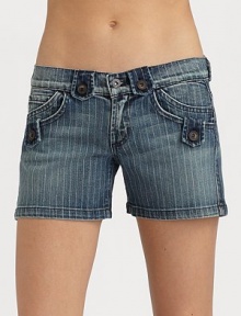 Ultra stylish and ideal for warm-weather, this distressed striped denim style has unique button tab details and double hand pockets for a witty update.Narrow waistband with belt loops and button closure Front zipper Coin and double hand pockets Darts at back patch pockets Inseam, about 4 98% cotton/2% Lycra Machine wash Made in USA Ultra stylish and ideal for warm-weather, this distressed striped denim style has unique button tab details and double hand pockets for a witty update.Narrow waistband with belt loops and button closure Front zipper Coin and double hand pockets Darts at back patch pockets Inseam, about 4 98% cotton/2% Lycra Machine wash Made in USA