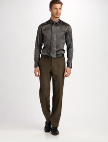 A subtle and sophisticated scratch pattern on lustrous silk goes sporty or dressy.Spread collar French placket Long sleeves with button cuffs Back yoke Silk Dry clean Imported A subtle and sophisticated scratch pattern on lustrous silk goes sporty or dressy.Spread collar French placket Long sleeves with button cuffs Back yoke Silk Dry clean Imported