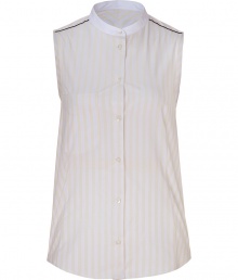 Chic sleeveless top in fine, ecru and yellow cotton - Elegant stripe motif - Classic, button down style is fitted and tapers at waist - Small stand-up collar and chest pocket, rounded hem - The details we love: delicate black piping at shoulders, cinched belt at back - A perennially cool must in any wardrobe - Pair with skinny jeans and ballet flats or dress up with wide-leg trousers and platform pumps