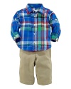 A go-to set for preppy style, a plaid woven cotton shirt is perfectly coordinated with a classic chino pant and a grosgrain belt for an adorable ensemble.