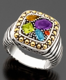 Make an entrance with this lively & lovely ring. Featuring a multitude of colorful gemstones including amethyst (3/4 ct. t.w.), blue topaz (1/3 ct. t.w.), citrine (1/5 ct. t.w.), peridot (1/3 ct. t.w.), garnet accents and diamond accents. Set in 18k gold & sterling silver, by Effy Collection(tm). Make an entrance with this lively & lovely ring. Featuring a multitude of colorful gemstones including amethyst (3/4 ct. t.w.), blue topaz (1/3 ct. t.w.), citrine (1/5 ct. t.w.), peridot (1/3 ct. t.w.), garnet accents and diamond accents. Set in 18k gold & sterling silver, by Effy Collection(tm).