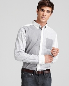 An utterly unique stripe sport shirt with multiple panels. Wear with jeans and bike to the library to catch up on your reading, or throw on a pair of chinos and head into the office. An utterly unique stripe sport shirt with multiple panels. Wear with jeans and bike to the library to catch up on your reading, or throw on a pair of chinos and head into the office.