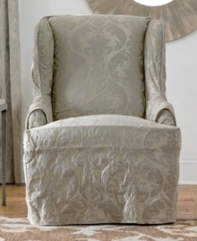 Ripe and ready for spring, the Matelasse Damask wing chair slipcover presents a fresh damask design for your furniture. Rounded arms with extra-thick cording and a straight skirt make this slipcover compatible with any style furniture, from slim-lined to camel back.