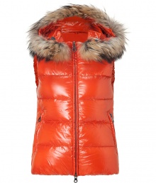 Stay warm while maintaining your impeccable style in this lightweight yet luxe down vest from Duvetica - Fur-lined hood, front two-way zip closure, sleeveless, zip pockets, quilted - Wear with an elevated jeans-and-tee ensemble and shearling lined boots