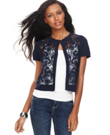 Dress up sleeveless styles with INC's short sleeve cardigan, highlighted by a lovely lace front. Dress up sleeveless styles with INC's short sleeve cardigan, highlighted by a lovely lace front.