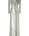 The ultimate glamorous statement piece with a fantastically modern-vintage feel, Jenny Packhams sequined floor-length gown is an immaculately crafted masterpiece, guaranteed to set your look soaring - Deep V-neckline, long sleeves, slit cuffs, hidden back zip, short train - Form-fitting silhouette, floor-length - Team with a dusting of fine jewelry and flawless accessories