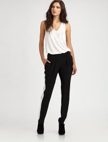 Tailored silk pants updated with this season's must-have detail, the classic tuxedo stripe.High waistBack button tabsPleated frontSlash pocketsBack welt pocketsInseam, about 10Rise, about 31SilkDry cleanImportedModel shown is 5'10 (177cm) wearing US size 4. Tailored silk pants updated with this season's must-have detail, the classic tuxedo stripe.High waistBack button tabsPleated frontSlash pocketsBack welt pocketsInseam, about 10Rise, about 31SilkDry cleanImportedModel shown is 5'10 (177cm) wearing US size 4.