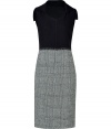 Give your office-ready look a stylish boost with this chic combo dress from Jil Sander - Round neck, back cape collar detail, front zip closure, solid fitted bodice, houndstooth pencil skirt - Pair with a slim trench and classic pumps