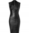 Stunning, dramatic dress of black lambskin - Designed with horizontal strips by French designer, Jitrois - Refined cut neckline, sleeveless, pencil skirt length and exposed zip at back - Form fitting for a sexy, alluring look - Absolute wow piece - Pair with booties, pumps or sandals