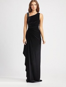 Plush velvet, artfully draped and accented with a sparkling beaded shoulder strap.Asymmetrical necklineBeaded shoulder strapSide ruchingSide drapeFully linedAbout 46 from natural waistPolyester/spandexDry cleanImportedModel shown is 5'11 (180cm) wearing US size 4. Plush velvet, artfully draped and accented with a sparkling beaded shoulder strap.Asymmetrical necklineBeaded shoulder strapSide ruchingSide drapeFully linedAbout 46 from natural waistPolyester/spandexDry cleanImportedModel shown is 5'11 (180cm) wearing US size 4.