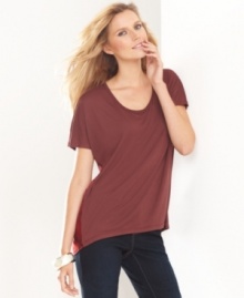 INC updates this classic petite tee with a snake-print back inset and subtle high-low design.