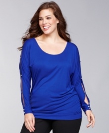 Rhinestones and a peek of skin update a classic plus size top from INC. Great with tailored pants, but even better with jeans!