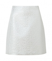 With a futuristic feel, this structured metallic skirt from Tara Jarmon will elevate your cocktail-ready separates - Fitted silhouette, animal-inspired print, flared A-line shape, concealed back zip closure, mini-length - Style with a sheer blouse, a statement necklace, and platform heels With a futuristic feel, this structured metallic skirt from Tara Jarmon will elevate your cocktail-ready separates - Fitted silhouette, animal-inspired print, flared A-line shape, concealed back zip closure, mini-length - Style with a sheer blouse, a statement necklace, and platform heels