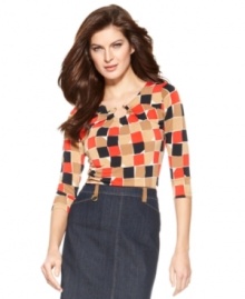 Ellen Tracy offers retro appeal in this punchy top. Hardware at the neckline creates a flirty keyhole, while a painterly geometric print recalls 70's style. Ellen Tracy offers retro appeal in this punchy top. Hardware at the neckline creates a flirty keyhole, while a painterly geometric print recalls 70's style.