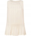 Romantic cream silk top from Theory - This sleeveless top adds femme sophistication to workweek looks - High neckline with smocking and pleating, smocked waistband with ruffled hem - Style with slim trousers, heels, and a tailored blazer