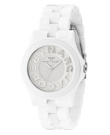 Marc by Marc Jacobs puts a spotlight on style with this glam Riviera watch. White plastic bracelet and round case. White dial with crystal-accented logo at indices and logo at twelve o'clock. Quartz movement. Water resistant to 50 meters. Two-year limited warranty. Marc by Marc Jacobs puts a spotlight on style with this glam Riviera watch. White plastic bracelet and round case. White dial with crystal-accented logo at indices and logo at twelve o'clock. Quartz movement. Water resistant to 50 meters. Two-year limited warranty.
