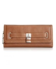 Been searching for a slender, ladylike wallet that's sturdy enough to carry all your cards, cash, and coins with ease? Look no further than this Nine West design that organizes all your essentials effortlessly. Plenty of compartments and pockets align the interior, while delicate detail stitching and polished silver-tone hardware adorn the outside. Been searching for a slender, ladylike wallet that's sturdy enough to carry all your cards, cash, and coins with ease? Look no further than this Nine West design that organizes all your essentials effortlessly. Plenty of compartments and pockets align the interior, while delicate detail stitching and polished silver-tone hardware adorn the outside.