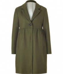 This olive coat of wool and cashmere brings unexpected feminine style to your winter wardrobe - Empire waist and trendy short form - Moderately deep lapels, long sleeves, single-button closure and side pockets - Versatile enough for a business suit, cocktail dress or more casual looks