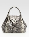 Glazed snake-embossed leather in slouchy carryall with logo hardware and dual straps.Double top handles, 6 dropDetachable leather and chain shoulder strap, 15¼ dropFlap and snap closureOne inside zip pocketFour inside open pocketsFully lined12W X 11½H X 4½DImported