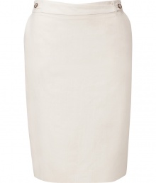 Elegant skirt in fine, ivory linen and cotton blend - Classic, curve-hugging pencil cut hits just above the knee - Belt loops and decorative button embellishment at waist - Side pockets and zip closure - Kick pleat and welt pocket at rear - Pair with a button down, dressy tank or short sleeve sweater and flat sandals, wedges or peep toe pumps Elegant skirt in fine, ivory linen and cotton blend - Classic, curve-hugging pencil cut hits just above the knee - Belt loops and decorative button embellishment at waist - Side pockets and zip closure - Kick pleat and welt pocket at rear - Pair with a button down, dressy tank or short sleeve sweater and flat sandals, wedges or peep toe pumps