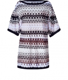 Luxurious dress in fine viscose features exclusive Missoni knit look - Modern interpretation in an elegant ivory, nude and black classic pattern - Particularly pleasant and classy, with a piped crew neck, and relaxed, wide short sleeves - Short silhouette is slightly fitted for a sexy that remaining casual - Wear to an exclusive rooftop party with platform heels, or on your next vacation with strappy flat sandals Luxurious dress in fine viscose features exclusive Missoni knit look - Modern interpretation in an elegant ivory, nude and black classic pattern - Particularly pleasant and classy, with a piped crew neck, and relaxed, wide short sleeves - Short silhouette is slightly fitted for a sexy that remaining casual - Wear to an exclusive rooftop party with platform heels, or on your next vacation with strappy flat sandals