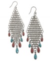 Geometric glam! Lucky Brand's diamond-shaped drop earrings feature a linked design adorned with coral and turquoise plastic beading. Set in silver tone mixed metal, they're nickel-free for sensitive skin. Approximate length: 3-1/2 inches.