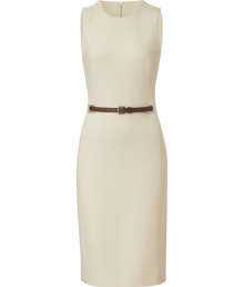 Sleek and sophisticated, this ivory virgin wool stretch dress conjures effortless elegance - Slim and streamlined, sleeveless cut -  Fitted bodice with round neck - Kick pleat and extra-long zip at rear - Leather and silver-tone metal belt cinches waist - Pencil-style skirt hits at knee - Pair with peep toe or platform pumps and a leather tote or clutch