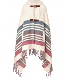 Relaxed knit cape in a fine wool-mohair-cashmere blend - Tonal striped pattern in blue and purple hues - Casual look with hood, fringe detail, side pockets and leather buckles - Pair with slim jeans and boots Relaxed knit cape in a fine wool-mohair-cashmere blend - Tonal striped pattern in blue and purple hues - Casual look with hood, fringe detail, side pockets and leather buckles - Pair with slim jeans and boots