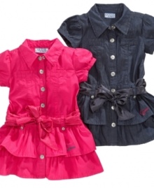 Button down her dressy look with this adorable dress with a tiered skirt from Guess. Button down her dressy look with this adorable dress with a tiered skirt from Guess.