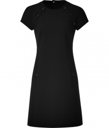 Bring understated sophistication to your office-ready look with this snap-detailed LBD from Jil Sander Navy - Round neck, short sleeves, snap detailing at shoulders, A-ling silhouette, slit pockets with snaps, back belt with buttons, concealed back zip closure - Style with a cashmere cardigan and peep-toe heels Bring understated sophistication to your office-ready look with this snap-detailed LBD from Jil Sander Navy - Round neck, short sleeves, snap detailing at shoulders, A-ling silhouette, slit pockets with snaps, back belt with buttons, concealed back zip closure - Style with a cashmere cardigan and peep-toe heels
