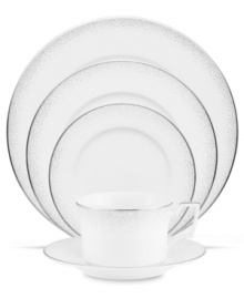 A fine mist of platinum dots settles along the sumptuous white china of Alana Platinum place settings, bringing elegant allure to every memory-making occasion. Distinct Noritake dinnerware shapes and dishwasher-safe durability combine for effortless modern dining. A fine mist of platinum dots settles along the sumptuous white china of Alana Platinum place settings, bringing elegant allure to every memory-making occasion. Distinct Noritake dinnerware shapes and dishwasher-safe durability combine for effortless modern dining.