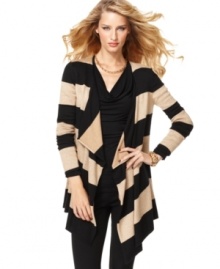 Sparkling metallic and black stripes alternate for a graphic look. Wear INC's cardigan with or without the detachable, coordinating scarf! Sparkling metallic and black stripes alternate for a graphic look. Wear INC's cardigan with or without the detachable, coordinating scarf!