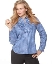 A pleated bib front lends a chic accent to Jones New York Signature's long sleeve plus size shirt-- dress it up with trousers or down with denim. (Clearance)