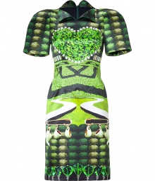 Take your lady-chic look to tea with Mary Katrantzous fantastically fashion-forward graphic print dress, artfully sculpted with modern accents for sartorial results guaranteed to make an impact - Pointed collar, structural short sleeves, hidden back zip, curved slit at hemline, tailored fit - Pair with extra bright accessories and delicate fine jewelry