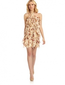 THE LOOKFloral designHalter tie necklineSleevelessCascading rufflesSelf-tie at waistBack zip closureTHE FITAbout 33 from shoulder to hemTHE MATERIALSilkFully linedCARE & ORIGINDry cleanImportedModel shown is 5'10 (177cm) wearing US size Small. THE LOOKFloral designHalter tie necklineSleevelessCascading rufflesSelf-tie at waistBack zip closureTHE FITAbout 33 from shoulder to hemTHE MATERIALSilkFully linedCARE & ORIGINDry cleanImportedModel shown is 5'10 (177cm) wearing US size Small.