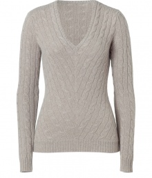 Inject classic style into your cold weather staples with this luxe cable knit cashmere pullover from Ralph Lauren - V-neck, all-over cable knit pattern, slim fit, ribbed cuffs and hem - Pair with skinny jeans, high heel booties, and a cashmere cape