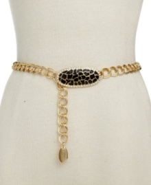 Ferociously fierce fashion. This edgy gold tone chain belt by Kenneth Jay Lane features a spotted black enamel buckle with jeweled embellishments. Ferociously fierce fashion. This edgy gold tone chain belt by Kenneth Jay Lane features a spotted black enamel buckle with jeweled embellishments.