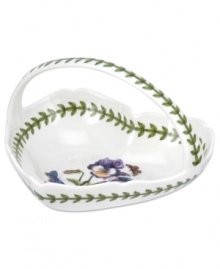 Lifelike blooms and Portmeirion's triple-leaf border grace this heart-shaped basket, a must-have for the Botanic Garden dinnerware collector. Lifelike blooms and Portmeirion's triple-leaf border grace this heart-shaped basket, a must-have for the Botanic Garden dinnerware collector.