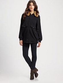 A tailored topper crafted from rich wool knit, finished with a lush faux fur collar for vintage flair.Faux fur collarSnap-button placketGathered raglan sleevesFlap pocketsSide pocketsElastic waistbandBack inverted pleatWoolDry cleanImported A tailored topper crafted from rich wool knit, finished with a lush faux fur collar for vintage flair.Faux fur collarSnap-button placketGathered raglan sleevesFlap pocketsSide pocketsElastic waistbandBack inverted pleatWoolDry cleanImported