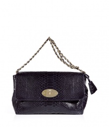Super stylish and ready for any event, this luxe shoulder bag from It British brand Mulberry will give any look a stylish upgrade - Rectangular shape, front flap with a turn-lock clasp, python embossed leather, chain detailed shoulder strap - Style with skinny jeans and a silk blouse or a slinky cocktail sheath Super stylish and ready for any event, this luxe shoulder bag from It British brand Mulberry will give any look a stylish upgrade - Rectangular shape, front flap with a turn-lock clasp, python embossed leather, chain detailed shoulder strap - Style with skinny jeans and a silk blouse or a slinky cocktail sheath
