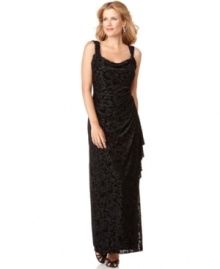 This petite Alex Evenings gown is made with an enchanting velvet overlay that features a floral brocade pattern in sheer mesh. Pair with dazzling jewels to make a sweeping entrance at your next occasion!