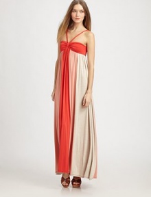 Gorgeous colorblock chiffon drapes beautifully in this floor-sweeping gown styled with a skin-baring halter top.Halter necklineRuched bustEmpire waistPleated from bust to hemAbout 40 from natural waist95% rayon/5% spandexDry cleanMade in USAModel shown is 5'10½ (177cm) wearing US size Small. Gorgeous colorblock chiffon drapes beautifully in this floor-sweeping gown styled with a skin-baring halter top.Halter necklineRuched bustEmpire waistPleated from bust to hemAbout 40 from natural waist95% rayon/5% spandexDry cleanMade in USAModel shown is 5'10½ (177cm) wearing US size Small.