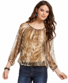 Wild child: Lucky Brand Jean's sheer peasant top is a layering essential, featuring an abstract animal-print on ultralight fabric. Pair it with jeans and a cami for boho-inspired style you'll love! Wild child: Lucky Brand Jean's sheer peasant top is a layering essential, featuring an abstract animal-print on ultralight fabric. Pair it with jeans and a cami for boho-inspired style you'll love!