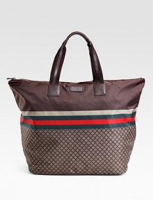 Finely-crafted convenience in signature diamante nylon with green-red-green web detail and leather trim. Zip closure Double top handles Interior zip, cell phone, PDA pockets Nylon lining 23.8W X 15.8H X 8.7D Made in Italy Finely-crafted convenience in signature diamante nylon with green-red-green web detail and leather trim. Zip closure Double top handles Interior zip, cell phone, PDA pockets Nylon lining 23.8W X 15.8H X 8.7D Made in Italy