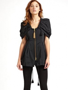 THE LOOKScoop necklineCap sleevesZip front with metal fringe pullDraped wrap panel with drawstring cord and fringe detailsInverted pleatsDrawstring cord with fringe at hemTHE FITAbout 28½ from shoulder to hemTHE MATERIAL60% polyester/40% cottonFully linedCARE & ORIGINDry cleanMade in Italy