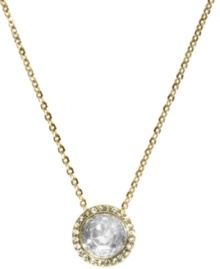 Shimmering sophistication from Michael Kors. This pendant necklace highlights a clear cubic zirconia stone (3-3/8 ct. t.w.) embellished with czech stones. Crafted in gold tone mixed metal. Approximate length: 16 inches. Approximate drop: 1/2 inch. Shimmering sophistication from Michael Kors. This pendant necklace highlights a clear cubic zirconia stone (3-3/8 ct. t.w.) embellished with czech stones. Crafted in gold tone mixed metal. Approximate length: 16 inches. Approximate drop: 1/2 inch.