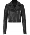 Rock into the new season in J Brands ultra luxe lambskin biker jacket, compete with modern hardware for that cool urban edge - Notched lapel, long sleeves, zippered cuffs, off-center front zip, two-way zippered slit pockets, quilted sleeve detail, cropped, form-fitting - Pair with edgy separates and color-pop accessories