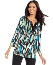 JM Collection adds some sparkle to a graphic-print tunic with a neckline full of sequins! JM Collection adds some sparkle to a graphic-print tunic with a neckline full of sequins!